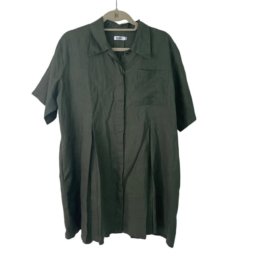 Coco Rose Womens Dress Size Medium Green Tunic Button Down Collared Pure Linen